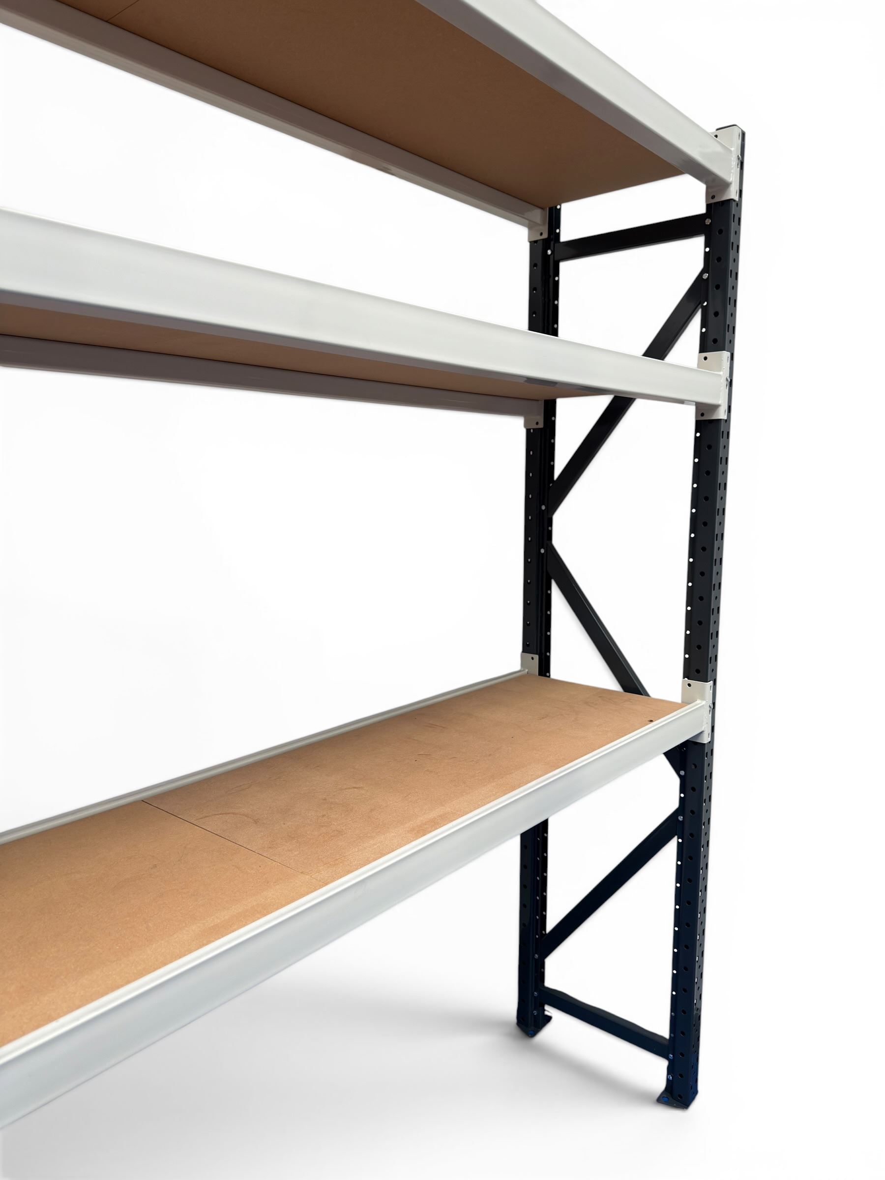 Two bays of Constructor warehouse racking with MDF boards
