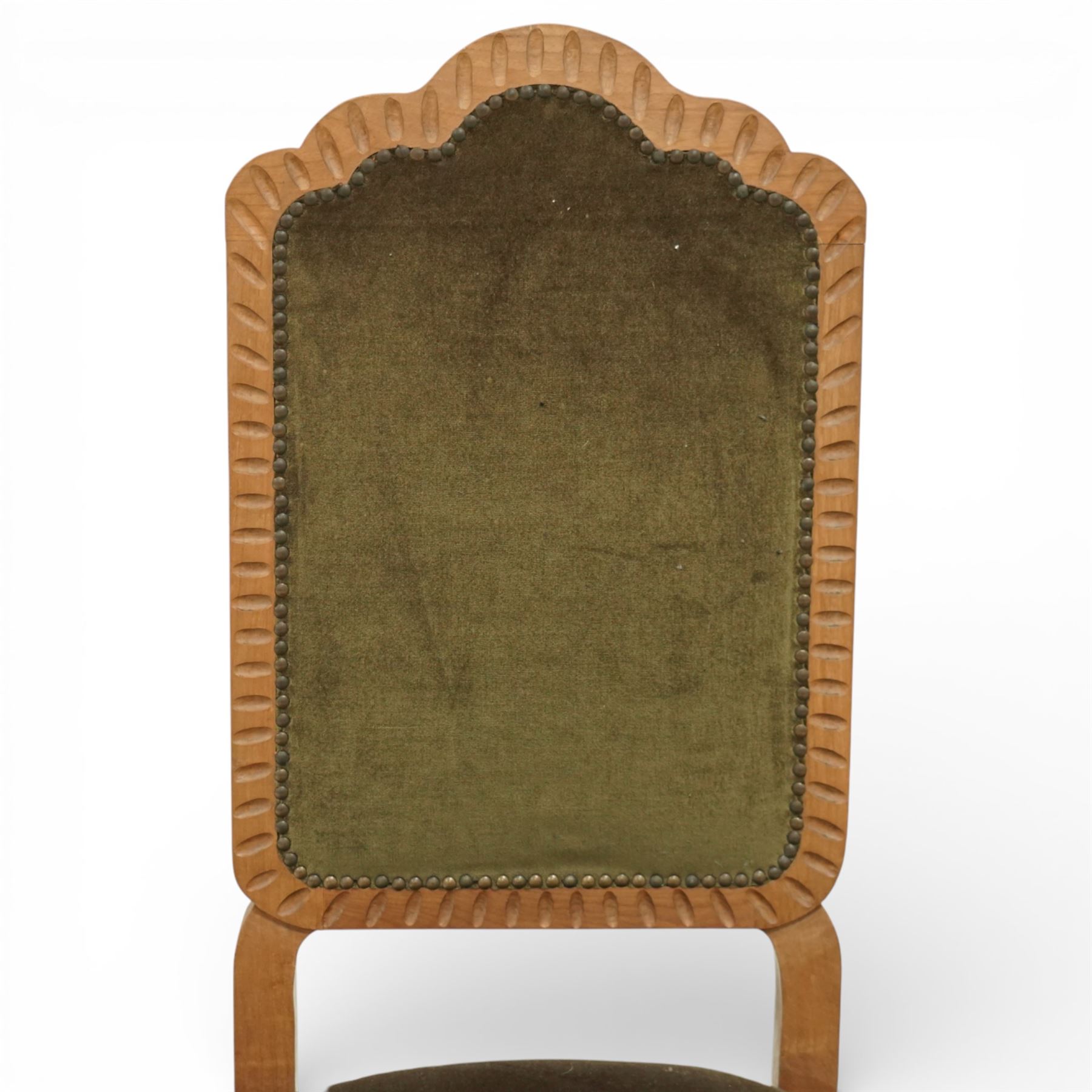 20th century set of eight dining chairs, high back form with shaped and scalloped back rails enclosing upholstered panels, matching upholstered seats, on square legs with shaped apron stretchers