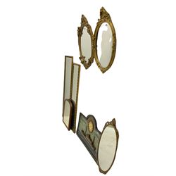 Three mid-20th century oval wall mirrors, two long mirrors, silver framed mirror, mahogany mirror and a Shipping sign (8)