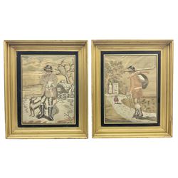 Pair of mid 19th century woolwork pictures on silk, the first depicting a shepherd coming home to be greeted by his child and wife, the second depicting the shepherd smoking a pipe with his hound beside him in a rural landscape, both housed in glazed gilt frames, written verso 'Sarah Tinker, Wife of Tedbar Tinker and the mother of Frances Osbourn .... Wakefield Approx 1852', H53cm W44cm