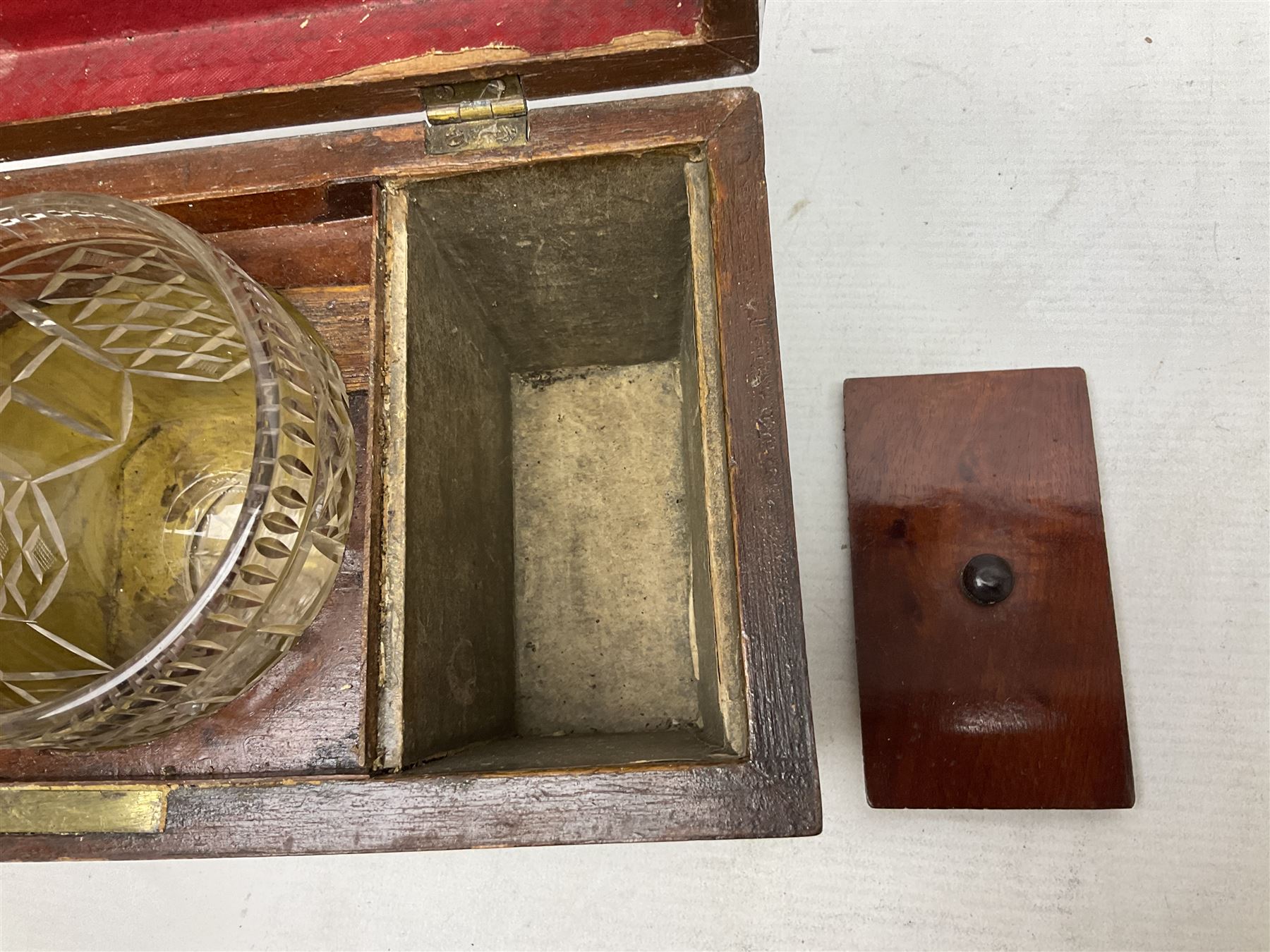 Walnut tea caddy of sarcophagus form, two division lidded interior with a later glass mixing bowl, upon four brass bun feet together with a walnut sewing box with mother of pearl inlaid decoration, tea caddy H16cm
