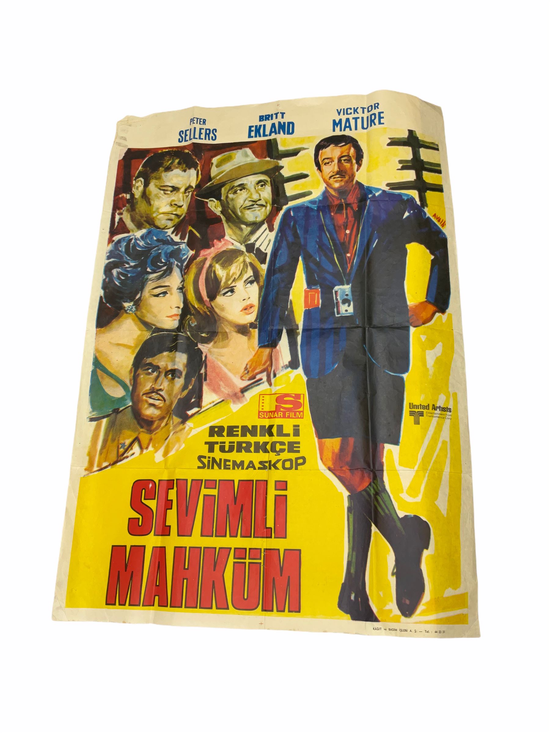 Mid 20th century Turkish film poster, 'Sevimli Mahkum' (After the Fox), H100cm L70cm, together with three other later posters, including one detailed 'Hair The America Tribal Love-Rock Musical', and a Beatles St Peppers Lonely Hearts Club Band vinyl record sleeve. 