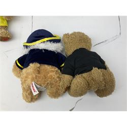 Ten soft tots including Chad Valley Lenny the Lion; Snoopy type dog; Fluffy Hedgehogs; pink Care Bear; souvenir bears for Niagara Falls, Benjamin Franklin and Andre Rieu; Rocky Mountaineer Traindriver; knitted Mrs. Tiggy-Winkle etc; all unboxed (10)