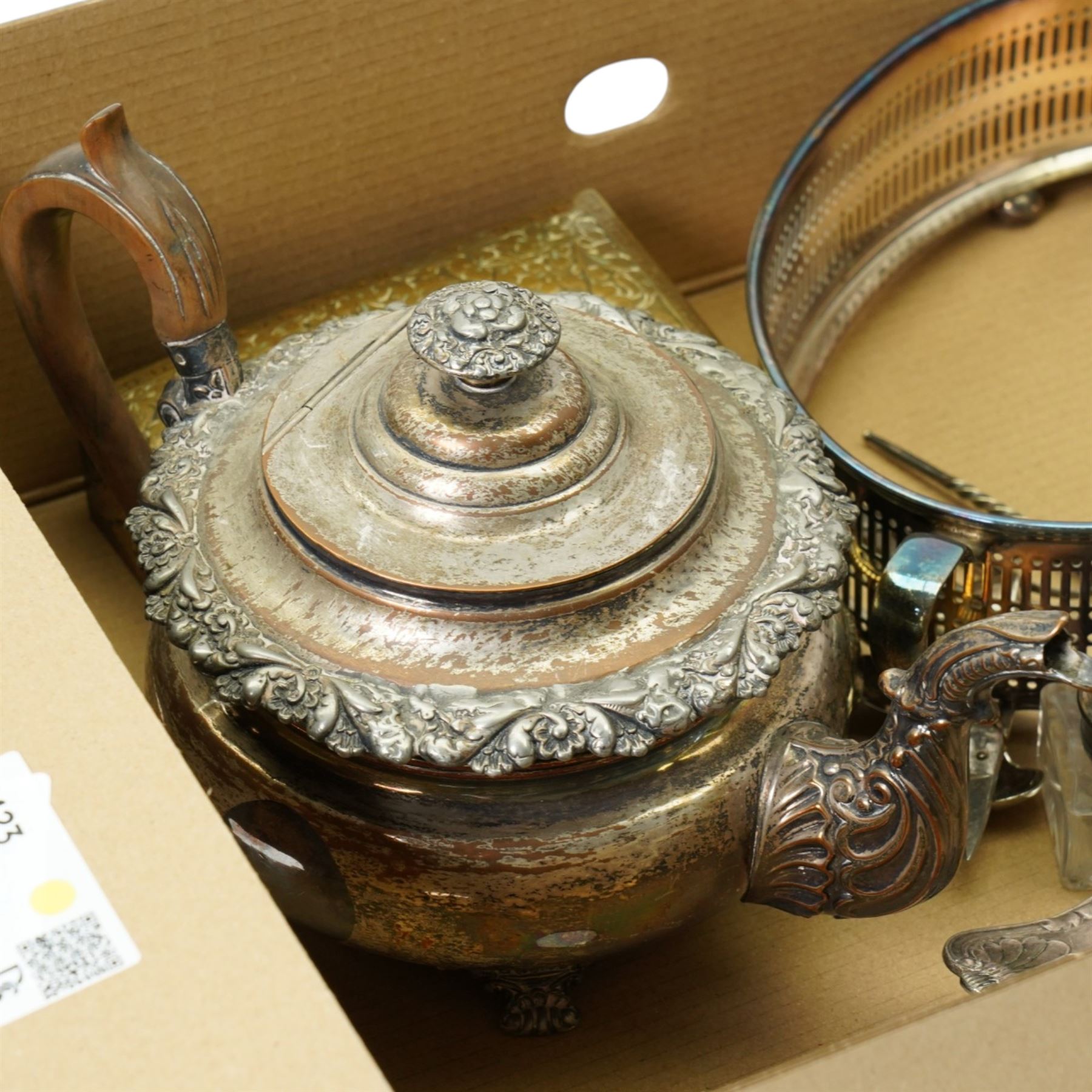 Victorian silver plated tea pot, plated dish frame, toddy ladle, soup ladle by Mappin & Webb and other items