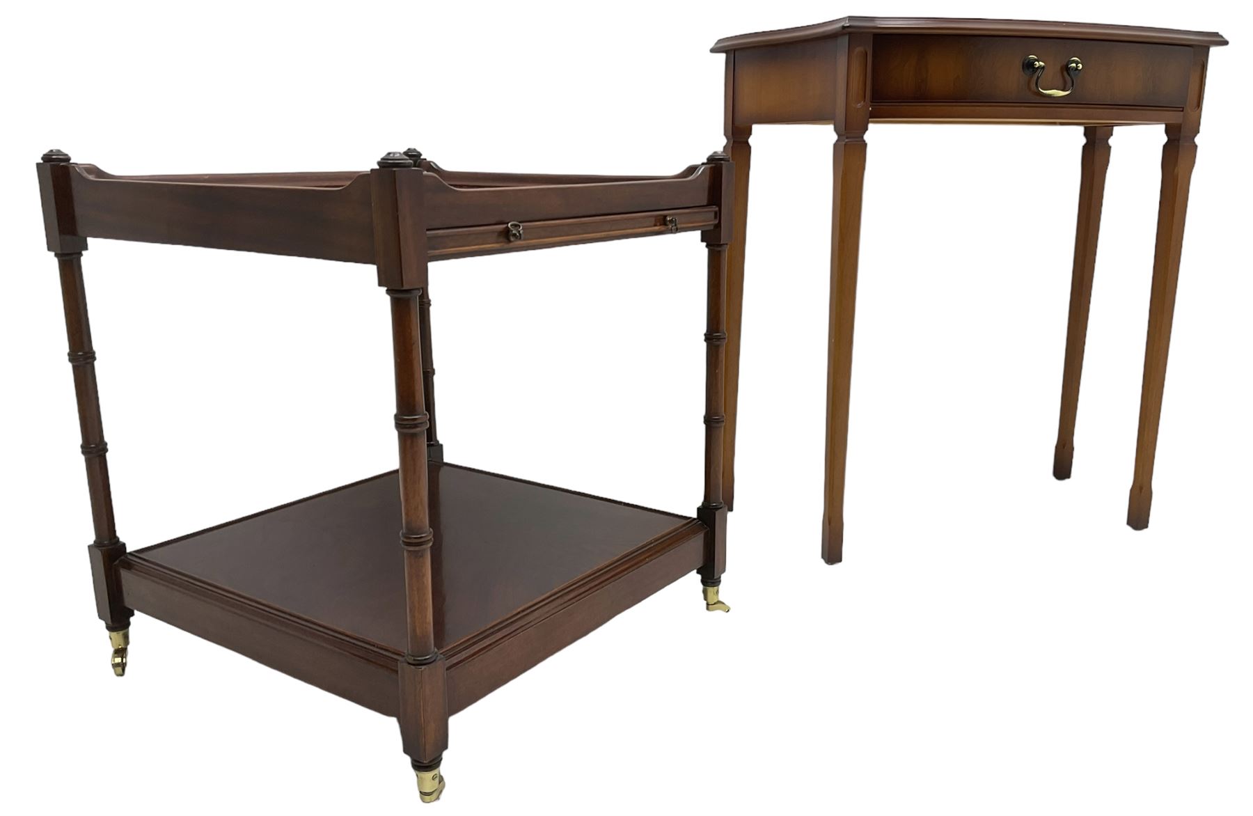 William Bartlett - small cherry wood console table, shaped moulded top over single drawer, on square tapering supports (W69cm, H71cm, D34cm); together with a Georgian design mahogany two-tier occasional table with slide (50cm x 50cm, H55cm)