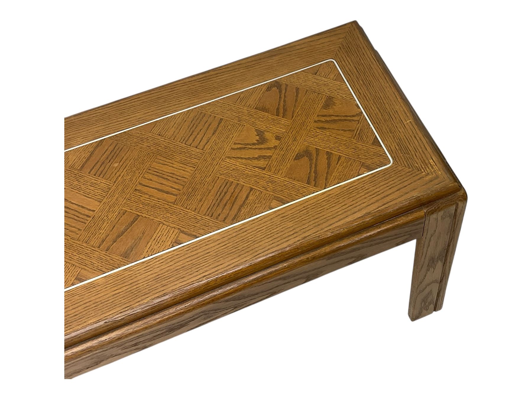 Late 20th century oak coffee table, rectangular top with parquetry inlay, raised on square tapered legs