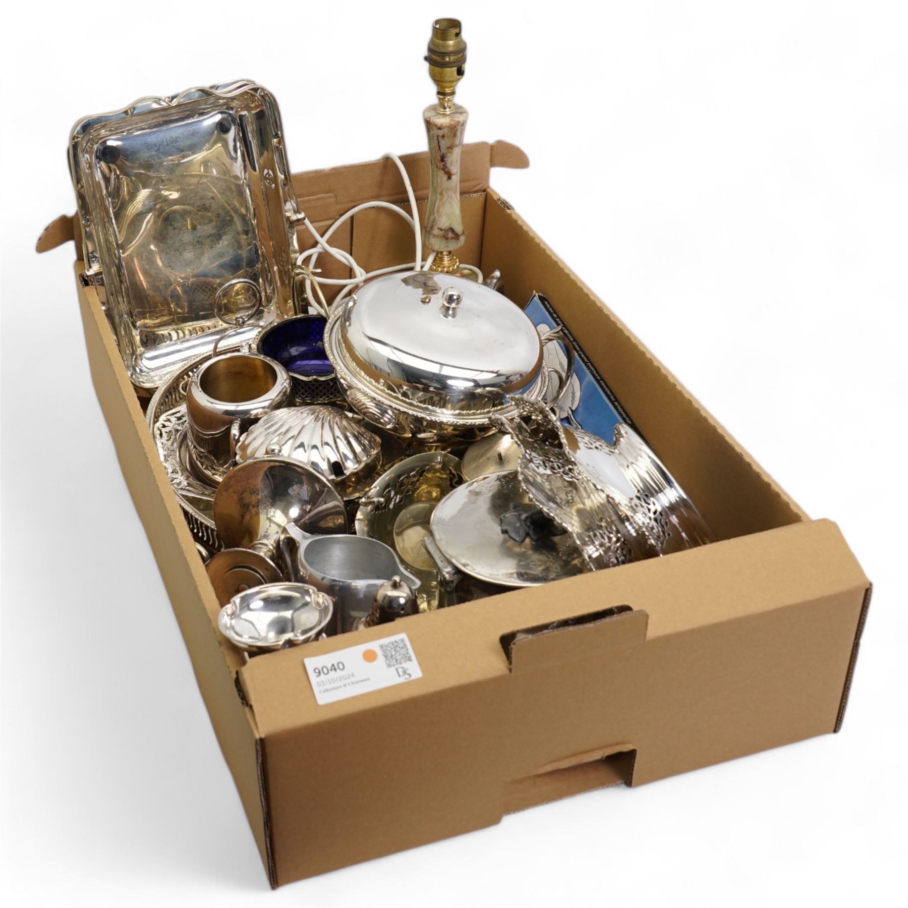 One box containing silver plate and other items, including silver plate teapot, sauce boats, entree dishes, warming dishes, biscuit barrel, an onyx table lamp, etc