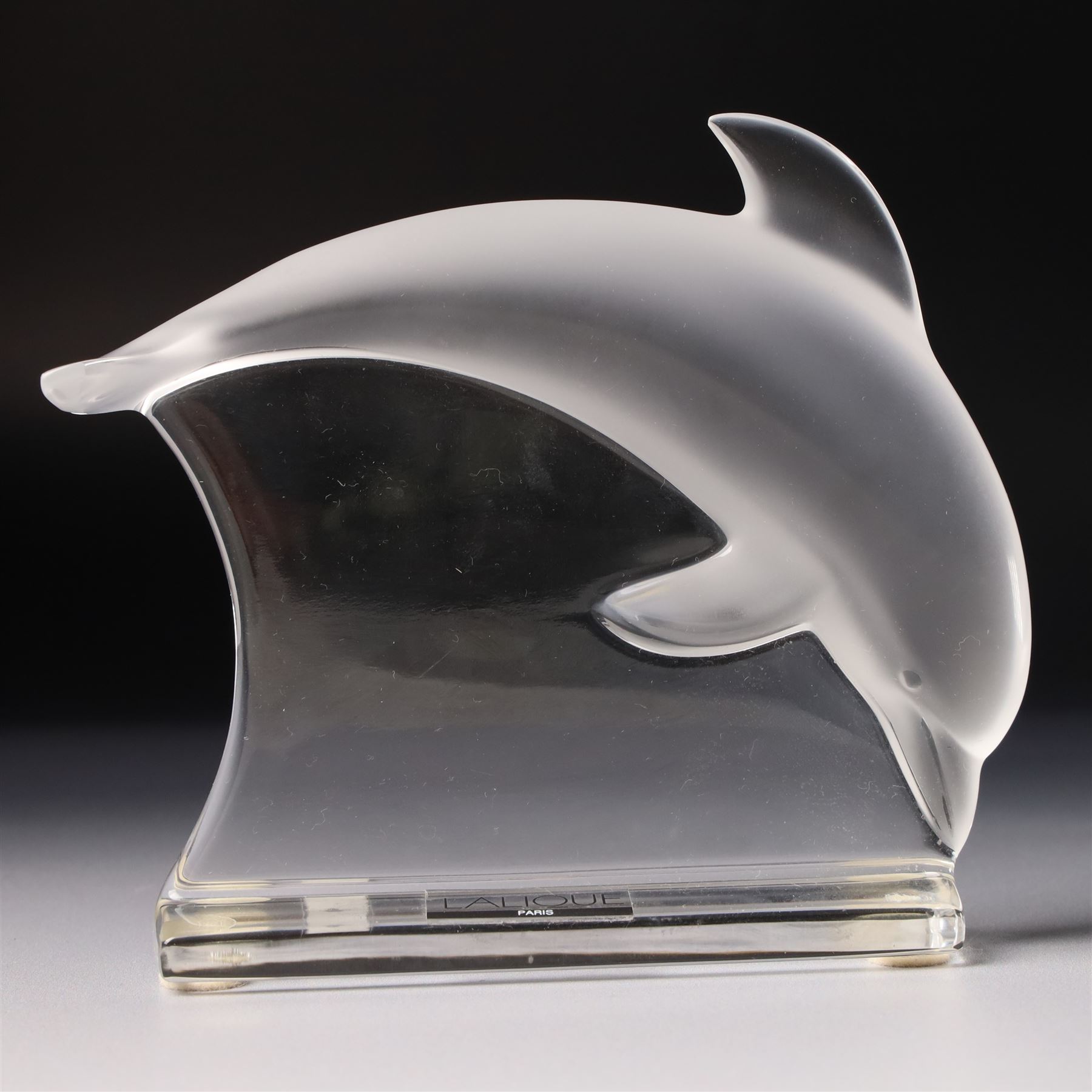 Lalique clear and frosted glass dolphin, label to base W12cm, boxed and a Baccarat blue glass dolphin W16cm  in Mappin & Webb box