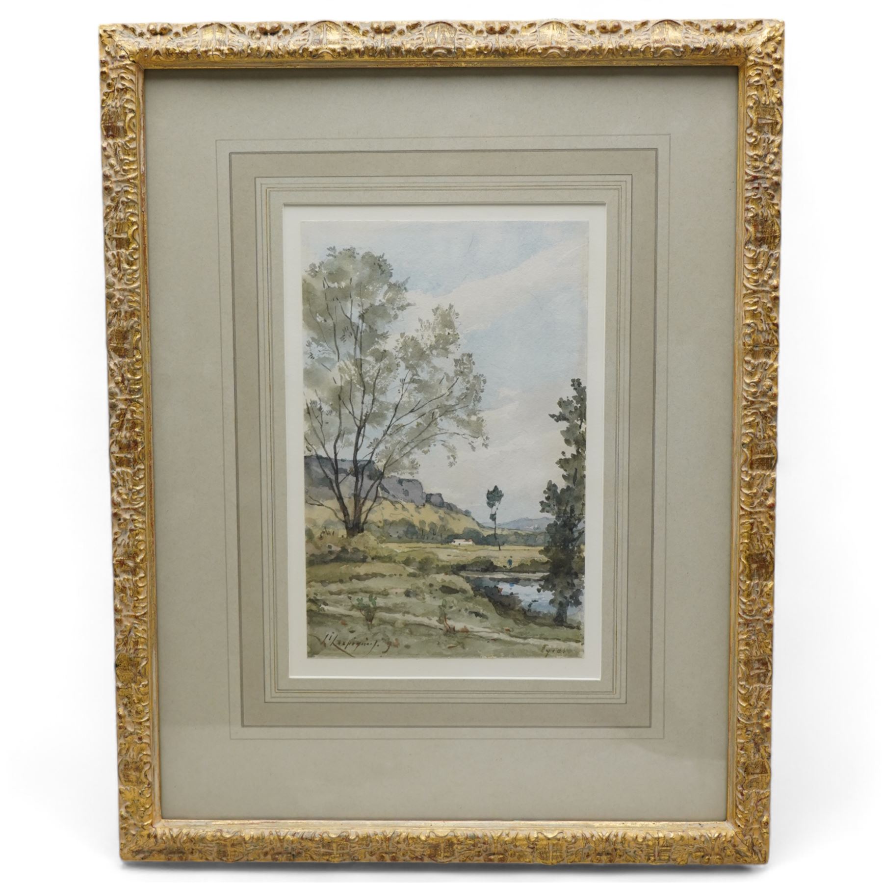 Henri Joseph Harpignies (French 1819-1916): 'Eyios' - Les Eyzies Landscape with River Vézère, watercolour signed titled and dated '9, 24cm x 15cm
Provenance: Thomas Agnew & Sons gallery label verso