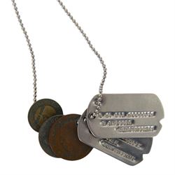 Selection of US army, navy  and air force insignia together with US Army WWII I.D. Tags on chain with British coins
