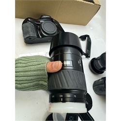 Six Minolta Dynax SLR camera bodies, comprising 800si serial no. 62703606, three 7xi examples, including one boxed example, serial nos. 20106944, 16123311 & 22107553, and two 9xi examples, serial no. 18209901 & 18202113, with three Minolta lenses, including Zoom xi 28-105mm 1:3.5(22)-4.5 lens, AF Zoom 28-85mm 1:3.5 (22)-4.5 lens and an AF Zoom 75-300mm 1:4.5(32)-5.6 lens, Hama carry case and other accessories