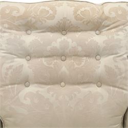 Duresta England - armchair upholstered in beige damask fabric, with deep seat and button back, loose seat cushions with scrolled arms, raised on brass castors