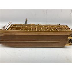 Hand built model of a river paddle steamer 'King of the Mississippi' and a sailing ship with three masts and unfurled sails, largest example H80cm, L101cm