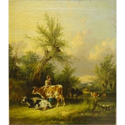  English School (19th century): Lady Tending to the Cows in a Rural Landscape, oil on canvas unsigned, Tending to the hay, 19th century watercolour unsigned, Sheep in Rural Landscape, watercolour unsigned and one Loch Scene, oil on canvas max 29cm x 39cm (4)  