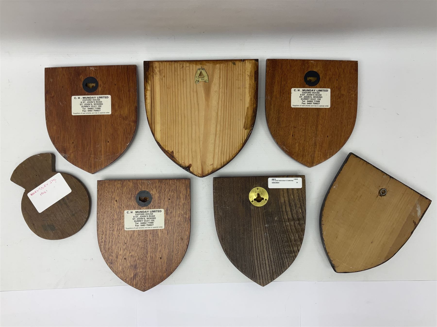 Six Naval wall shields, including HMS President, Vanguard, HMS Kilmorey etc, and another plaque 