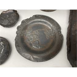 Brass sunfish ashtray, Chinese silver plated trinket box with mirror, bronzed matchbox cover and a collection of other Oriental bronzed embossed metal trays