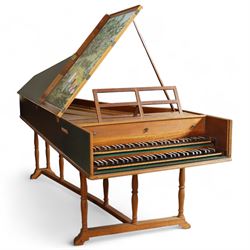 20th century “French style” Two manual Harpsichord by John Rooks of Tincknall (1971).
Double manual keyboards with three sets of strings: Two Unison, one octave and “buff” stop. Black outer casing with gold banding, five octave keyboards with 63 keys E1-G6, with black naturals and synthetic covered white sharps, inner lid painted with a rural scene, with adjustable music desk. Soundboard, bridges, strings and synthetic jacks in good condition with just one small crack to the treble area of the soundboard, key action with reasonable repetition and damping but in need of some regulation, case raised on turned baluster supports.

 You can find and listen to an example of Alan Cuckston playing this particular Harpsichord in the link below:
The King’s Hunt by John Bull

Given the intricate nature of these historic instruments, specialist support will be available if required, to assist successful buyers with safe removal and onward handling. Price upon application. 

