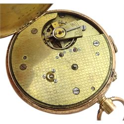 Early 20th century 9ct gold open face keyless pocket watch, stop/work lever, white enamel dial with Roman numerals, case by Stockwell & Co, London import mark 1915