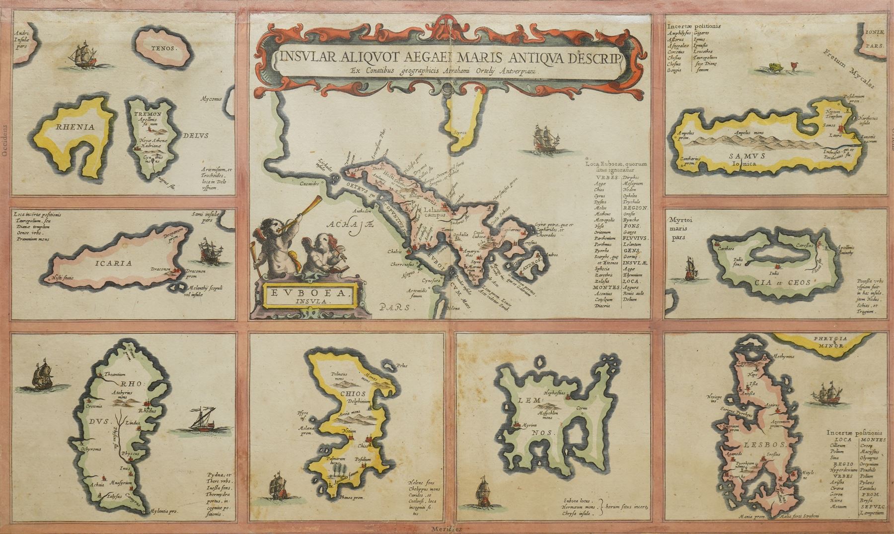 Abraham Ortelius (Belgian 1527-1598): 'Insular Aliquot Aegaei Maris Antiqua Descrip', 17th century engraved map with hand-colouring of the Greek Islands pub. c.1662, 30cm x 50cm