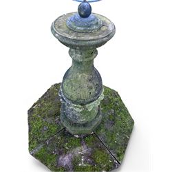 Impressive Haddon stone armillary sundial, raised on column pedestal with octagonal base, seated on weathered sectional plinth, measurements without plinth.
Plinth: 140cm x 140cm
