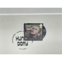 Set of four Royal Mail David Bowie limited edition album stamp prints, comprising Heroes, Ziggy Stardust Tour, Hunky Dory and Let's Dance, all framed and in original packaging, H43cm W43cm