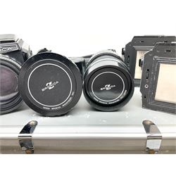Zenza Bronica S2A medium format camera body, with Zenza Bronica Zenzanon MC '1:2.4 f-80mm' lens, together with Nippon Kogaku Nikkor-P '1:4 f-200mm' lens, Nikkor D.C '1:4 f-40mm' lens, two film backs and other camera equipment, housed in a hard flight case