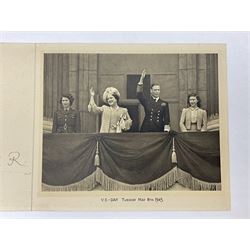 King George VI and Queen Elizabeth - signed 1945 Christmas card with gilt embossed crown to cover, black and white photograph to the interior, of The Royal Family waving from the balcony of Buckingham Palace, on V-E Day Tuesday May 8th 1945, signed 'George R.I. Elizabeth R.'