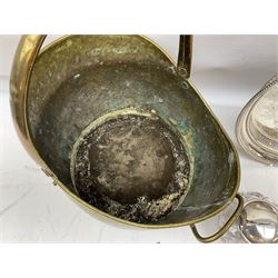 Viners twin handled silver-plate wine cooler of urn form, H24cm, together with brass coal scuttle with swing arm and circular dish with pierced gallery, together with other silver plate etc to include shakers