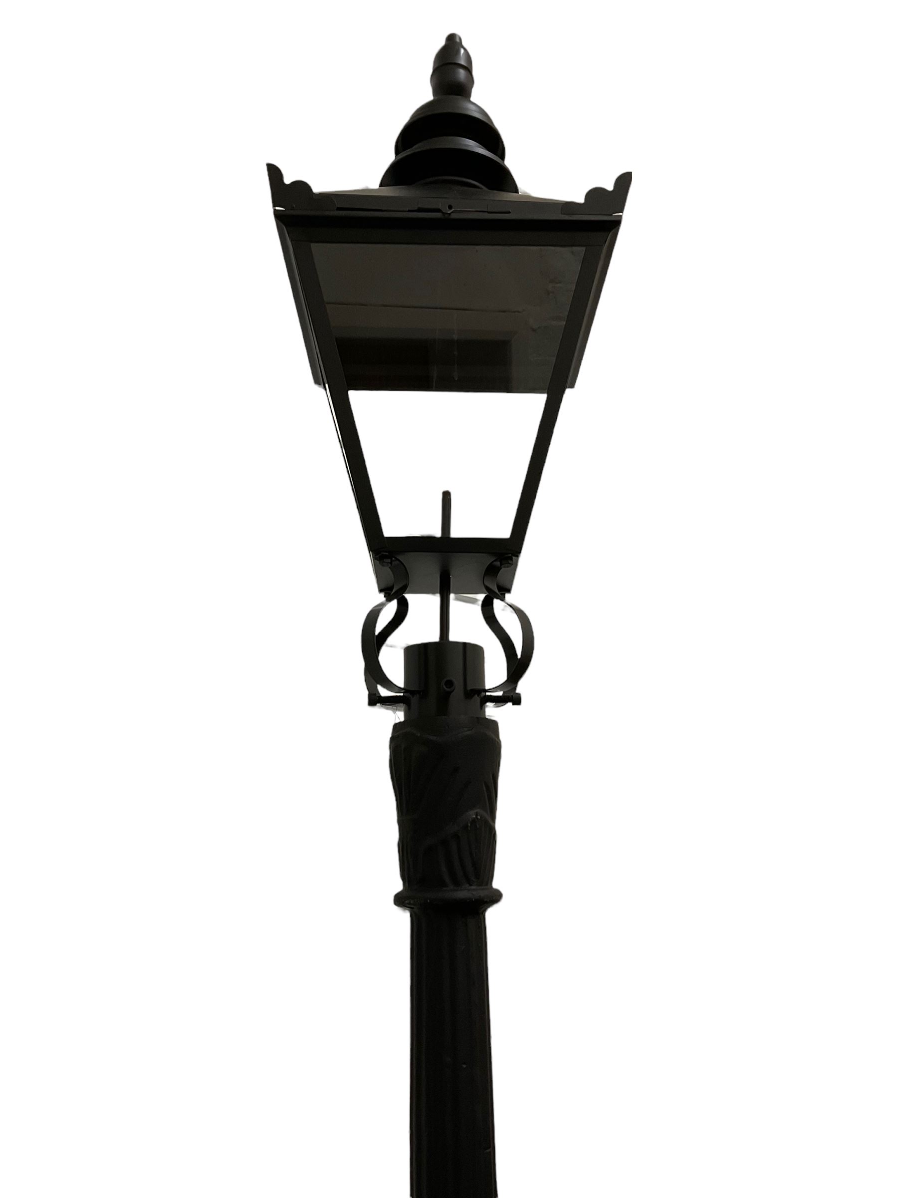 Victorian style cast iron street lamp, fluted column with hexagonal base, four glass lantern top