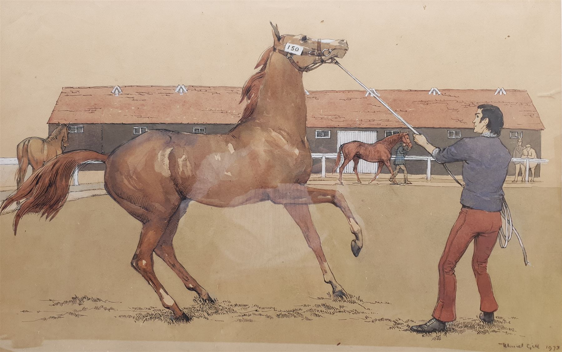 Muriel Gill (British mid 20th century): In the Training Paddock, watercolour and ink signed and dated 1973, 41cm x 65cm