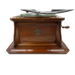 Early 20th century Mead mahogany cased table top gramophone with stepped base 45cm square, with painted tin horn; and quantity of 78rpm records