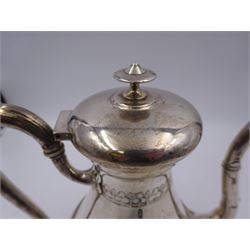French silver coffee pot, of tapering bellied form, with engraved foliate and scrolling decoration and monogram to body, with C scroll handle with ivory insulators, upon four openwork palm leaf pad feet, Minerva's head for 800 standard and weevil import mark, H22cm This item has been registered for sale under Section 10 of the APHA Ivory Act