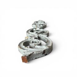 Set of eleven 19th century cast iron ornate stair or banister spindle supports, of scrolling form with scalloped decoration and flower-head motifs, in weathered duck-egg blue painted finish (11)