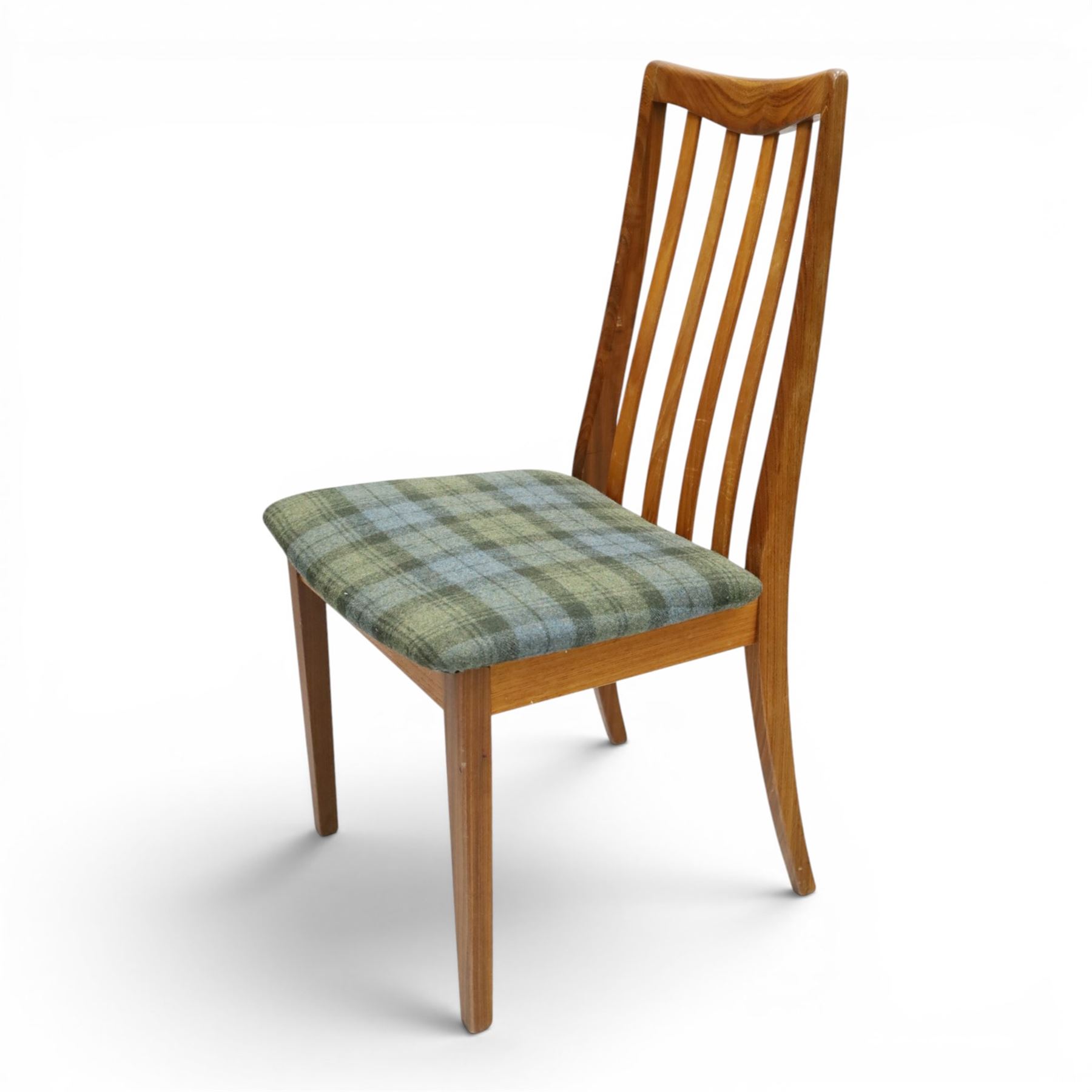 G-Plan - 'Fresco' set of teak eight dining chairs, reupholstered in green tartan and green harris tweed fabric 