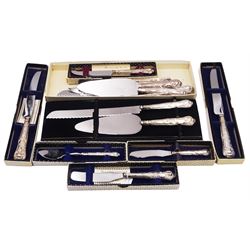 Selection of mid to late 20th century silver handled Queens pattern flatware, to include cake knives, bread knives, butter knives, cheese knives, etc., hallmarked Harrison Brothers, Sheffield, dates ranging 1960 to 1983, a number of pieces with original card boxes 