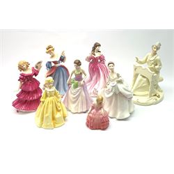A group of seven Royal Doulton figures, comprising Musicale HN756, Lauren HN3975, Jessica HN3850, Carol HN2961, Jennifer HN3447, Amt HN3316, Rose HN1368, together with a Royal Worcester example, Grandmother's Dress 3081. (8). 