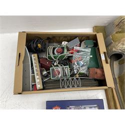 '00' gauge - table-top moulded plastic model railway layout with various rocky outcrops, tunnels, waterfall to lake, loops of Fleischmann track supplemented by Hornby track, bridges, kit built buildings and other accessories; together with Bachmann Class 150 2-car DMU Set and Hornby Northern Rail Class 142 2-car Set; both boxed; and small quantity of other rolling stock, three controllers etc  200 x 120cm