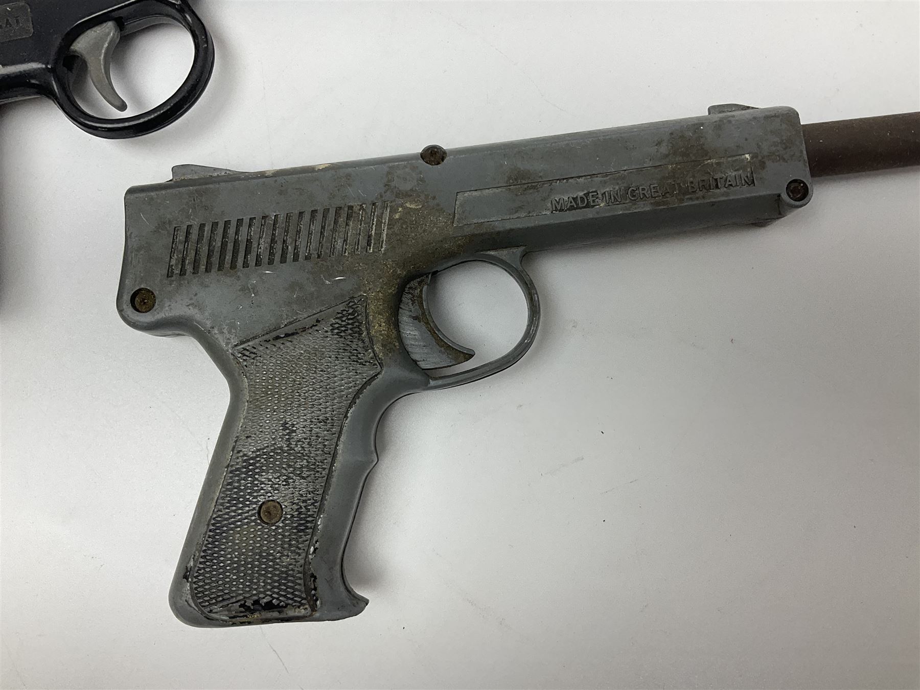 Webley & Scott Premier .177 over lever air pistol, no.2360, with chequered bakelite grip L24cm overall; Diana SP50 .177 plunge barrel air pistol; and T.J. Harrington & Son 'The Gat' .177 plunge barrel air pistol; NB: AGE RESTRICTIONS APPLY TO THE PURCHASE OF THIS LOT (3)