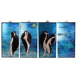 Set of four Vietnamese lacquered panels, depicting four females bathing in a  river across...