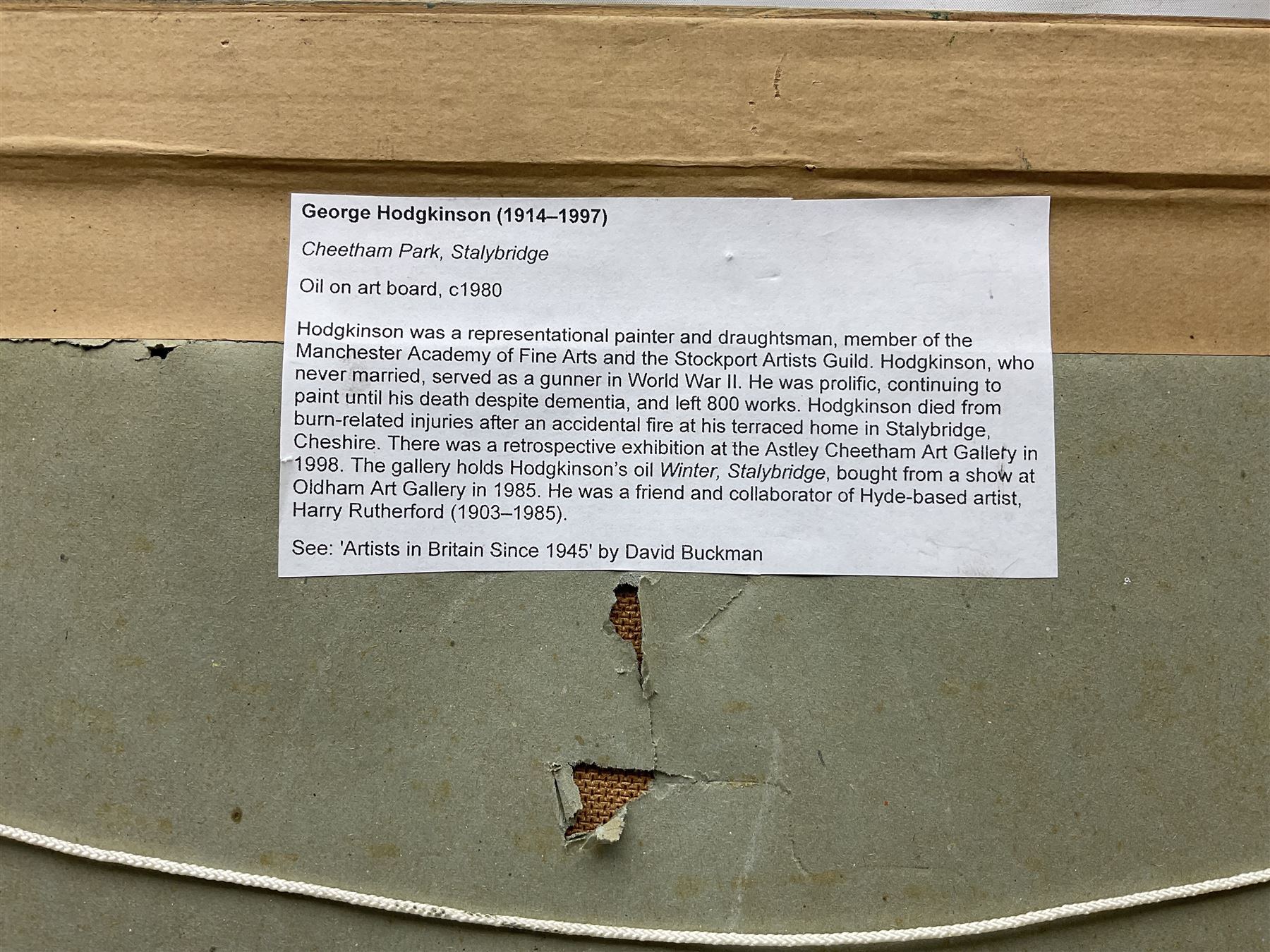 George Hodgkinson (British 1914-1997): 'Cheetham Park Stalybridge', oil on board signed 37cm x 48cm
Notes: Hodgkinson was a representational artist and draughtsman, member of the Manchester Academy of Fine Arts and Stockport Artists Guild. A prolific artist continuing to paint until his death, despite dementia, he left 800 works. There was a retrospective exhibition at the Astley Cheetham Art Gallery in 1998