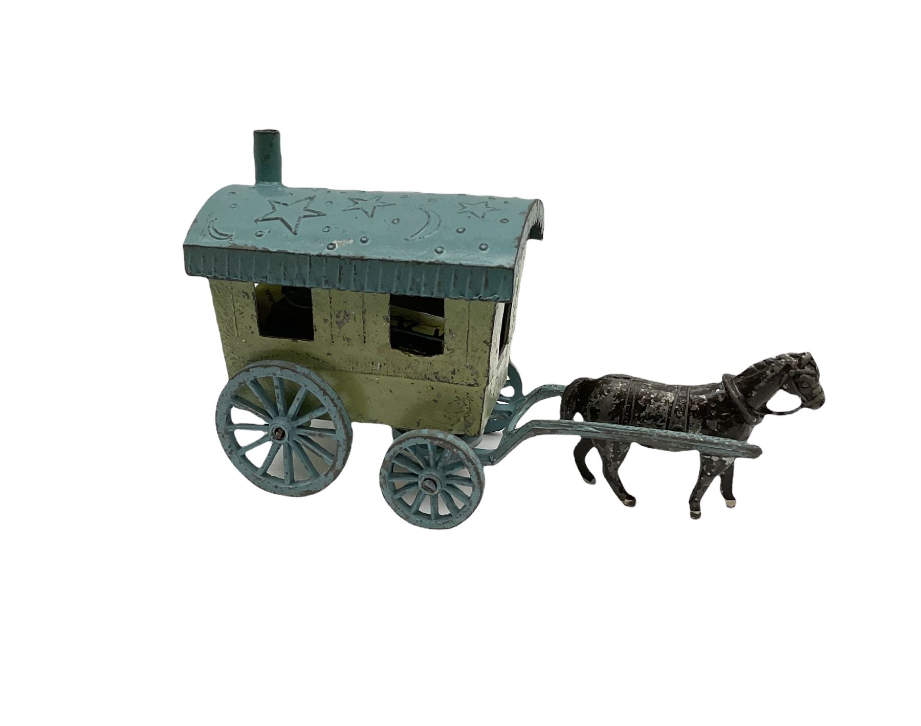 Selco Services gypsy caravan with horse, figure and steps; die-cast tandem combination; motorcycle with rider; die-cast girl-on-swing; and twelve various lead figures by Johilco etc