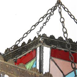 Edwardian metal framed hanging hall lantern, of rectangular form, with leaded stained and clear glass panels, H28cm