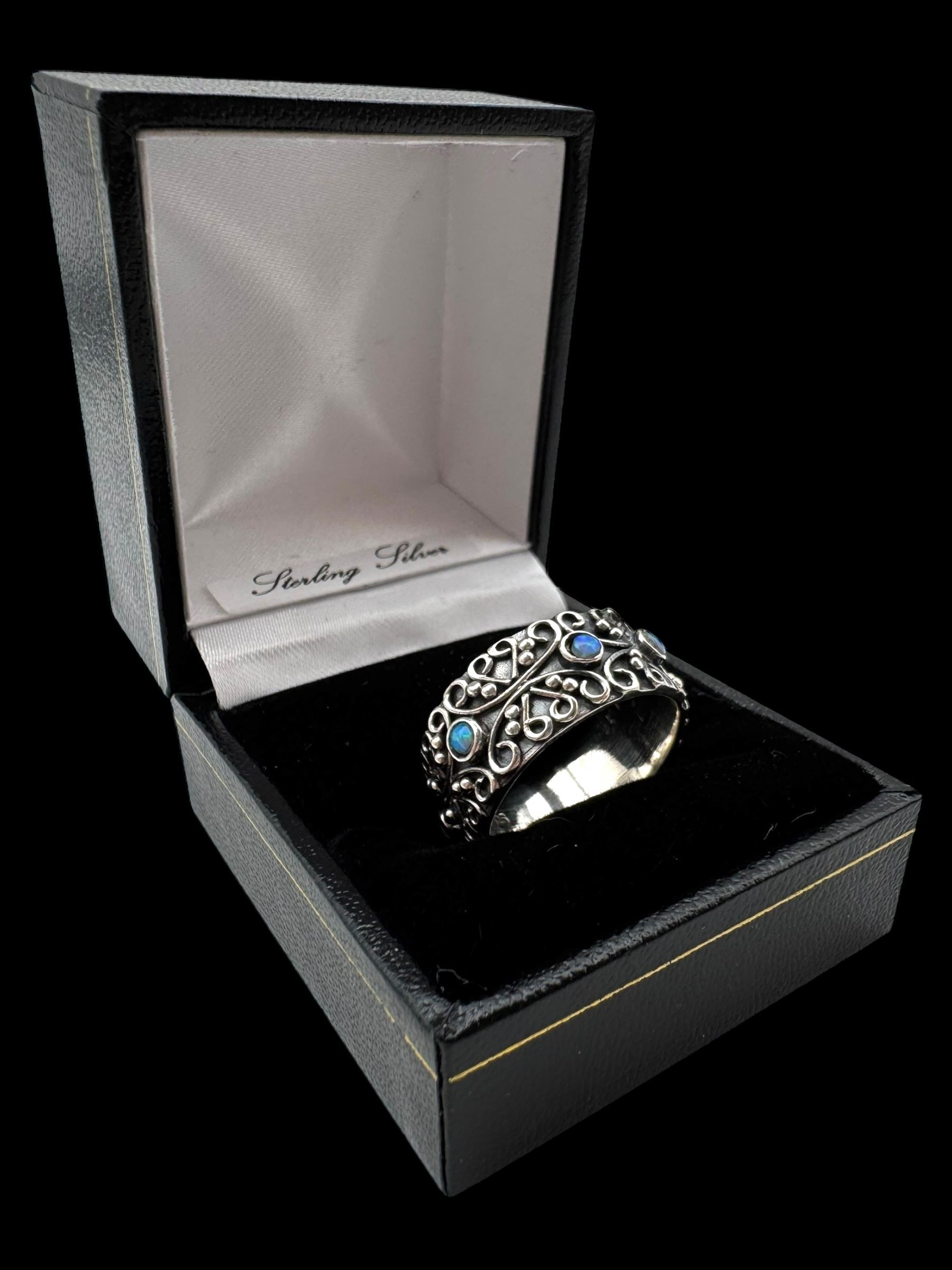 Silver opal filigree band ring, boxed