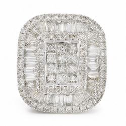 White gold diamond cluster ring, pave set with princess cut, baguette cut and round brilli...