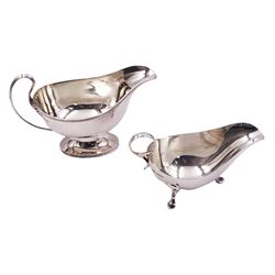 Modern silver sauce boat, of typical plain form with acanthus mounted curved handle, and reeded band to rim and edge of oval pedestal foot, hallmarked Garrard & Co Ltd, Sheffield 1972, including handle H11cm, together with a smaller earlier example, of typical plain form with ring handle, upon three pad feet, hallmarked James Dixon & Sons Ltd, Sheffield 1944, including handle H8cm, approximate total weight 10.95 ozt (340.4 grams)