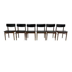 S Chrobat for Sax Mobler - set six mid-20th century Danish teak dining chairs, seat and back rail upholstered in black leatherette, raised on tapering supports