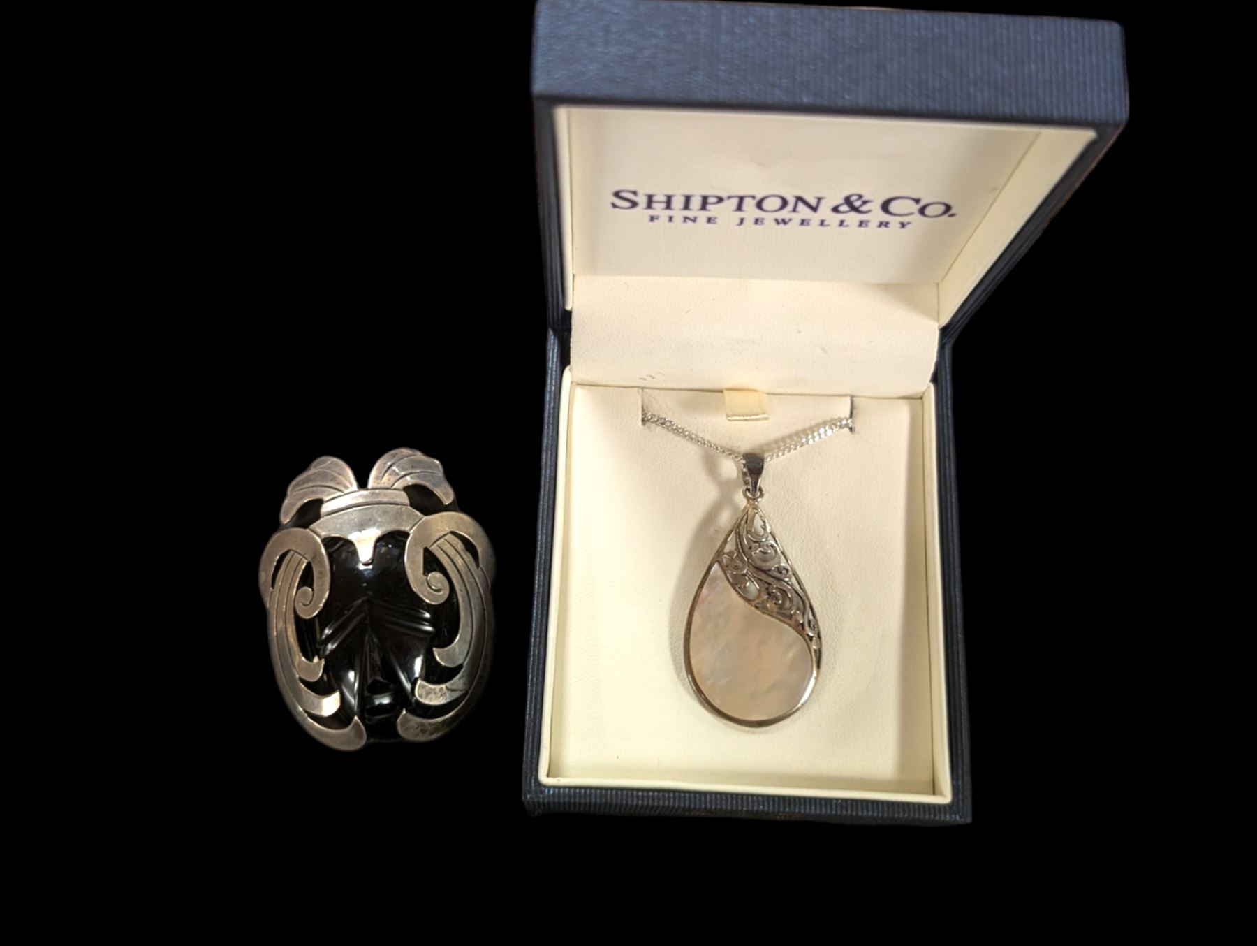 Shipton Co silver mother of pearl necklace pear shaped necklace boxed together with a Mexican 925 silver brooch Affordable Antiques Collectors