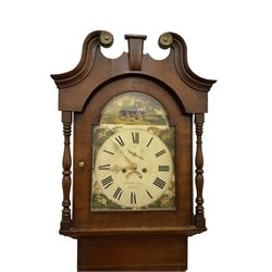 Richardson of Selby - late 19th century oak and mahogany longcase clock c 1860, with a swan necked pediment and brass paterie, break arch hood door flanked by ring turned pilasters,  oak trunk with crossbanding and a small inlaid trunk door, tall plinth with panel inlay with a shaped base,
painted dial with depictions of matching farm animals to the spandrels and a dog and small child to the arch, with Roman numerals, minute track, stamped brass hands, calendar aperture and seconds dial, weight driven rack striking movement, striking the hours on a bell. With weights and pendulum.