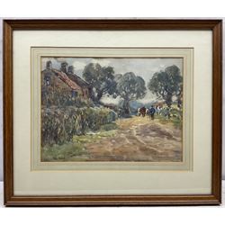 James William Booth (Staithes Group 1867-1953): Driving Cattle down a Country Lane, watercolour signed 28cm x 37cm