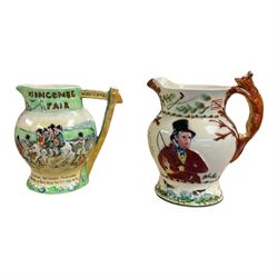 Two Crown Devon musical jugs, one depicting hunting scenes the other Widdicone Fair, together with Doulton of Lambeth of Slaters Patent Jardinière
